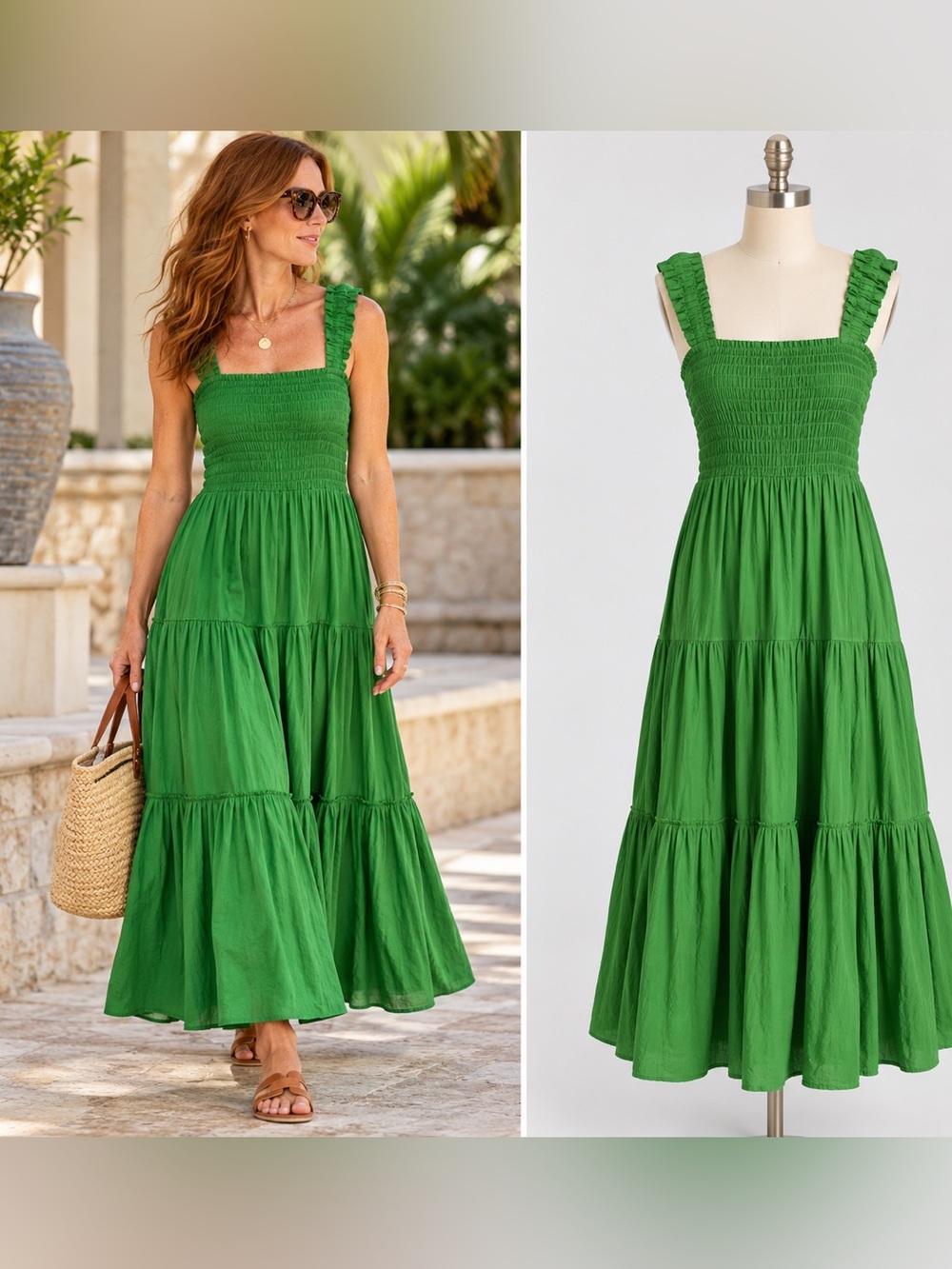 Tory Burch Resort Green Smocked Tiered Maxi Cover-Up Dress M